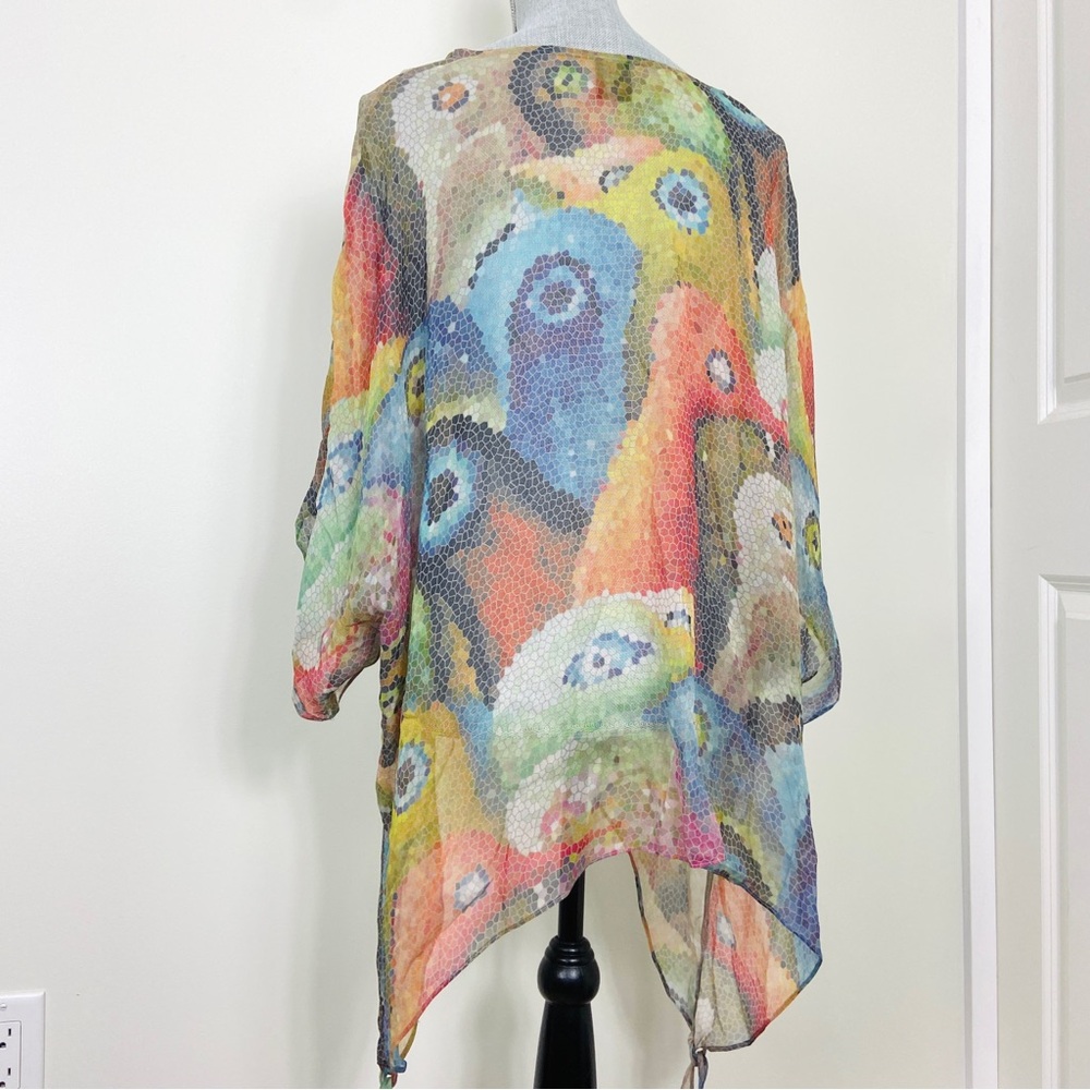 100% Silk  Abstract Art-to-Wear – Boho Feminine Sheer Vacation Summer Top - Picture 12 of 14